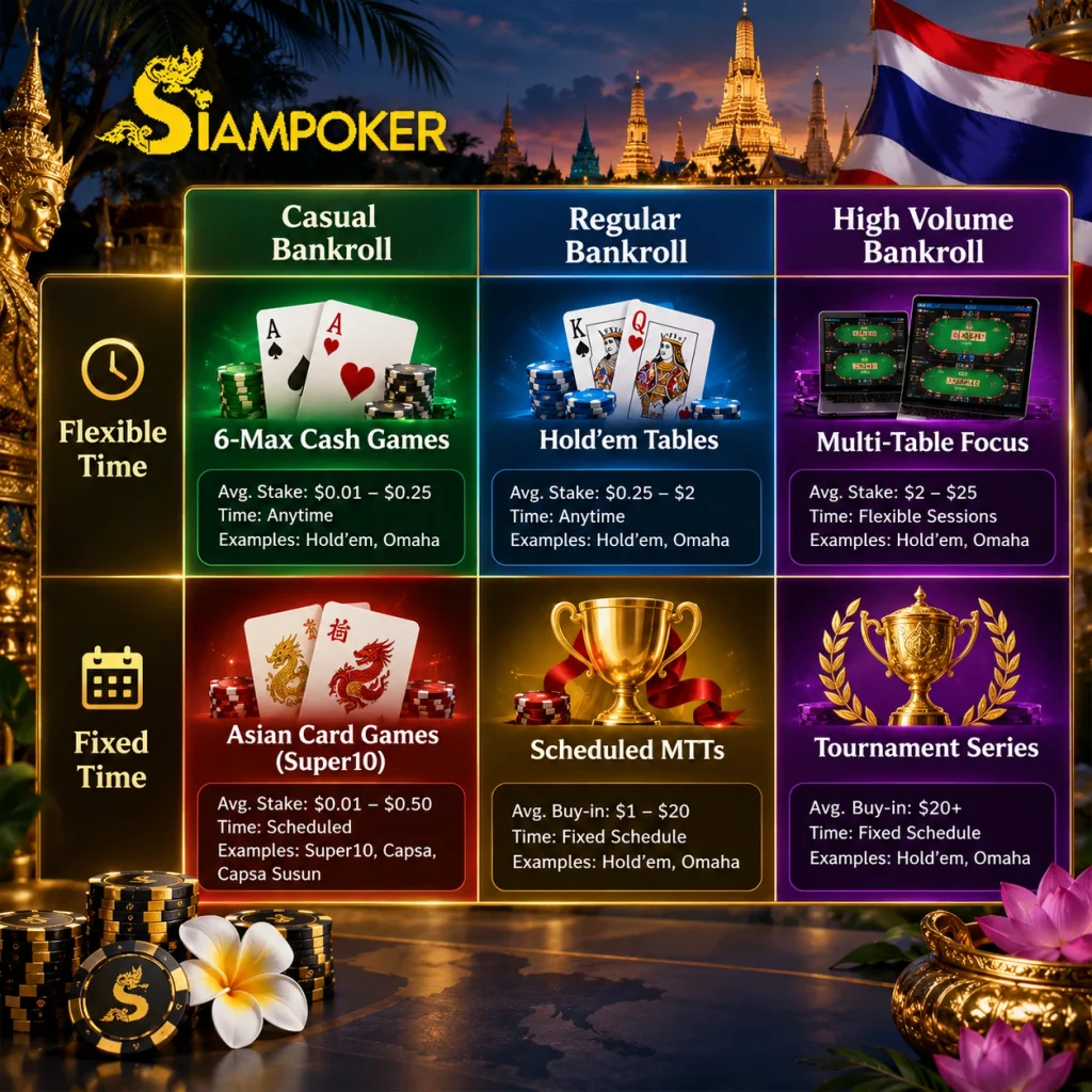 SiamPoker game formats guide with cash games, Hold’em, Super10, Capsa Susun, MTTs and tournament series.