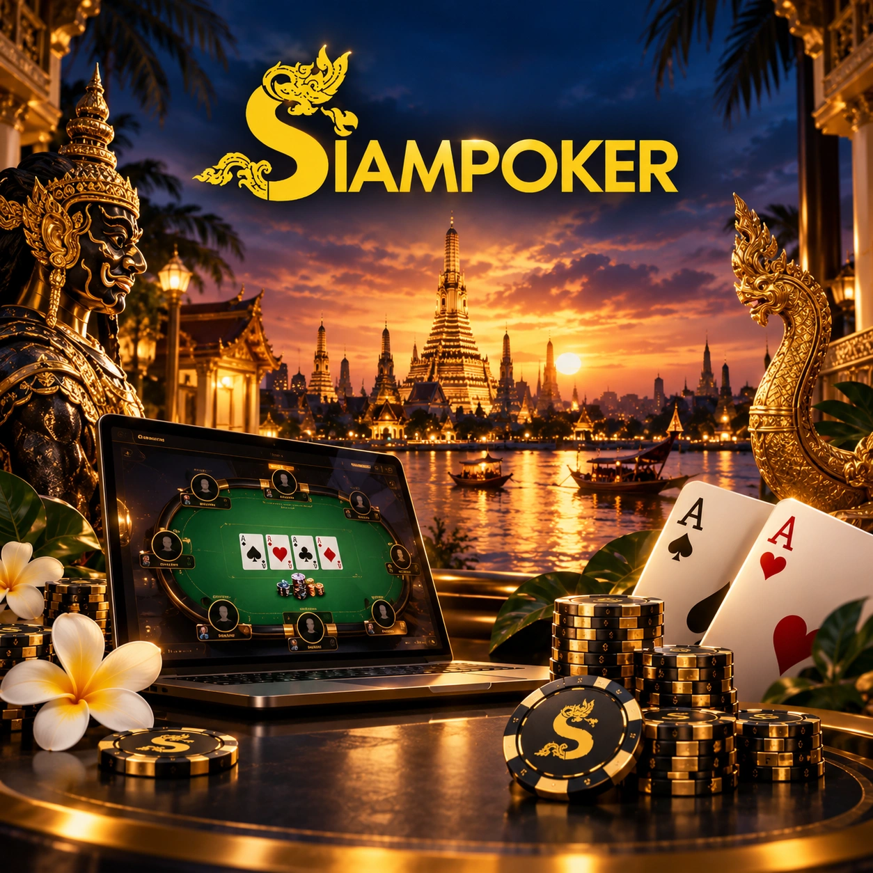 SiamPoker main brand banner with a Thai temple, poker cards, chips and online poker table.