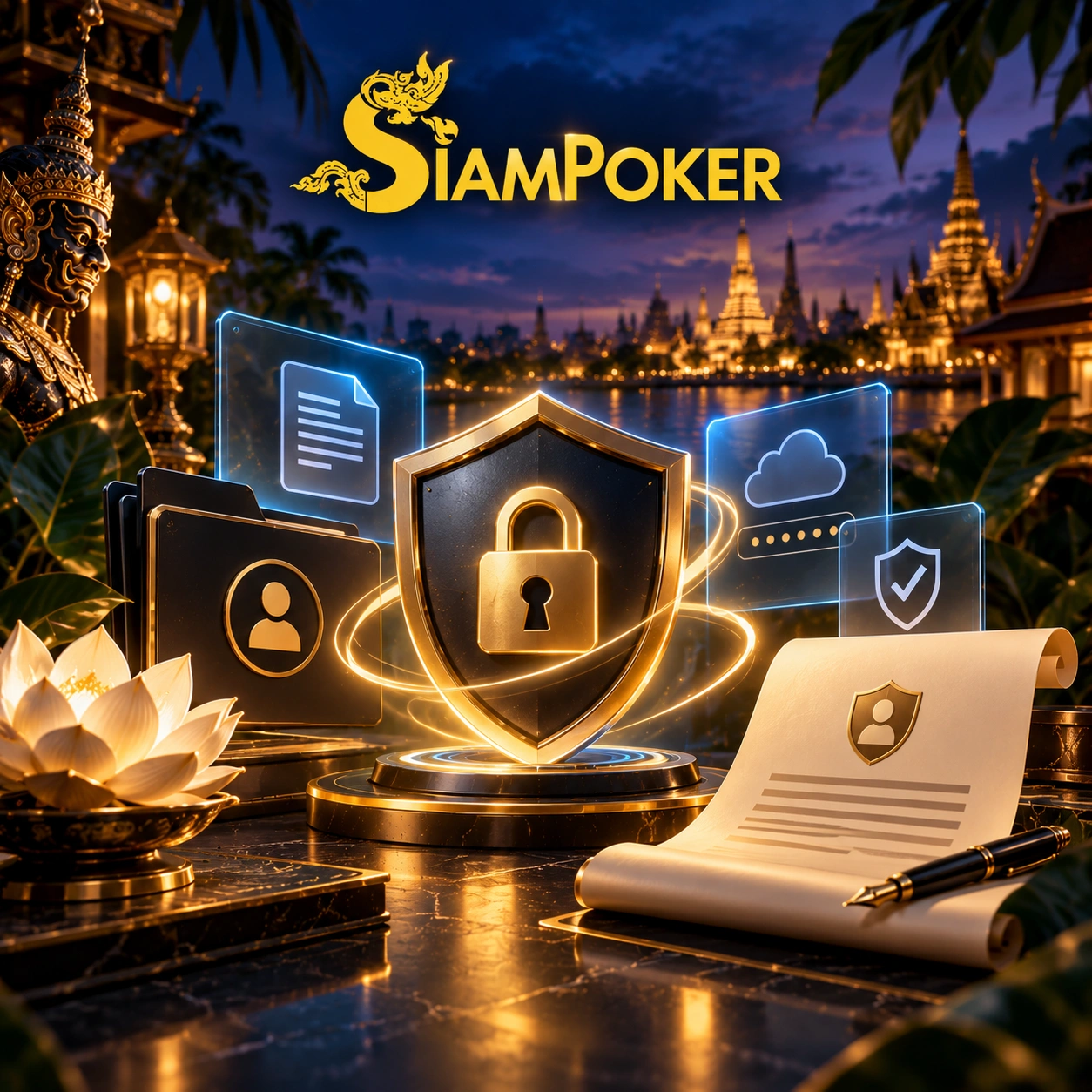 SiamPoker privacy policy banner with a security shield, padlock, documents and data protection icons.