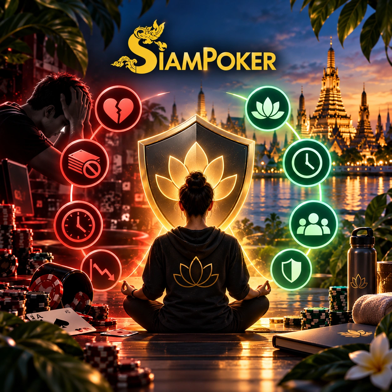 SiamPoker responsible gaming banner with a protective shield, wellness symbols, time control and balanced play concept.